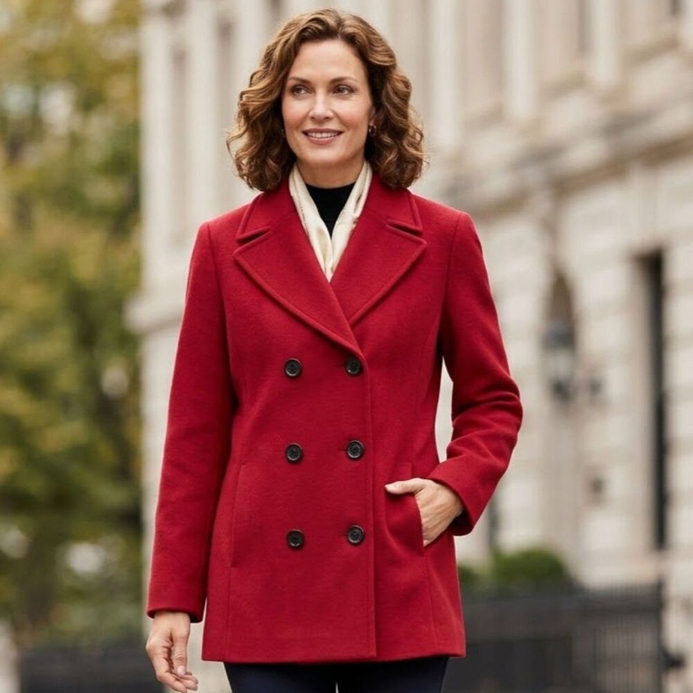 Talbots Cashmere Wool Peacoat Womens 12 Petite Red Double Breasted Jacket FLAW